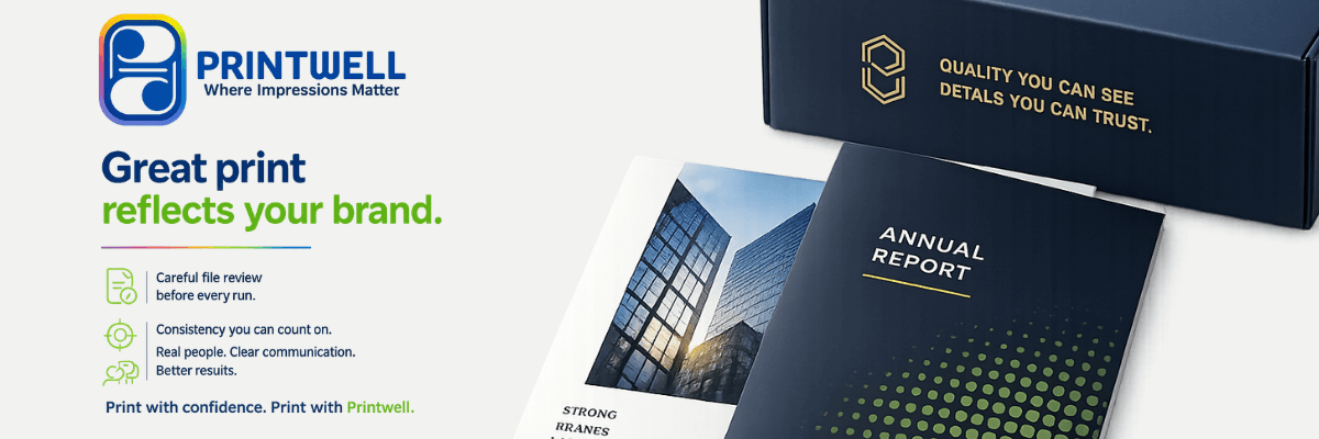 A promotional graphic features printed business materials, including an annual report, presentation folders, and branded packaging. Company branding and marketing text appear on the left side against a light gray background.