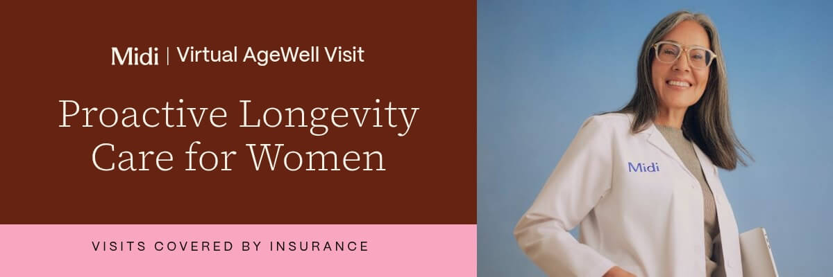 A promotional graphic for Midi features the text “Proactive Longevity Care for Women” beside a smiling woman in a white medical coat. A pink banner at the bottom says visits are covered by insurance.