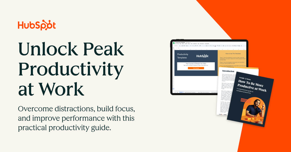 A promotional graphic highlights resources designed to improve focus, productivity, and performance at work. A laptop screen and guidebook are displayed alongside the text.