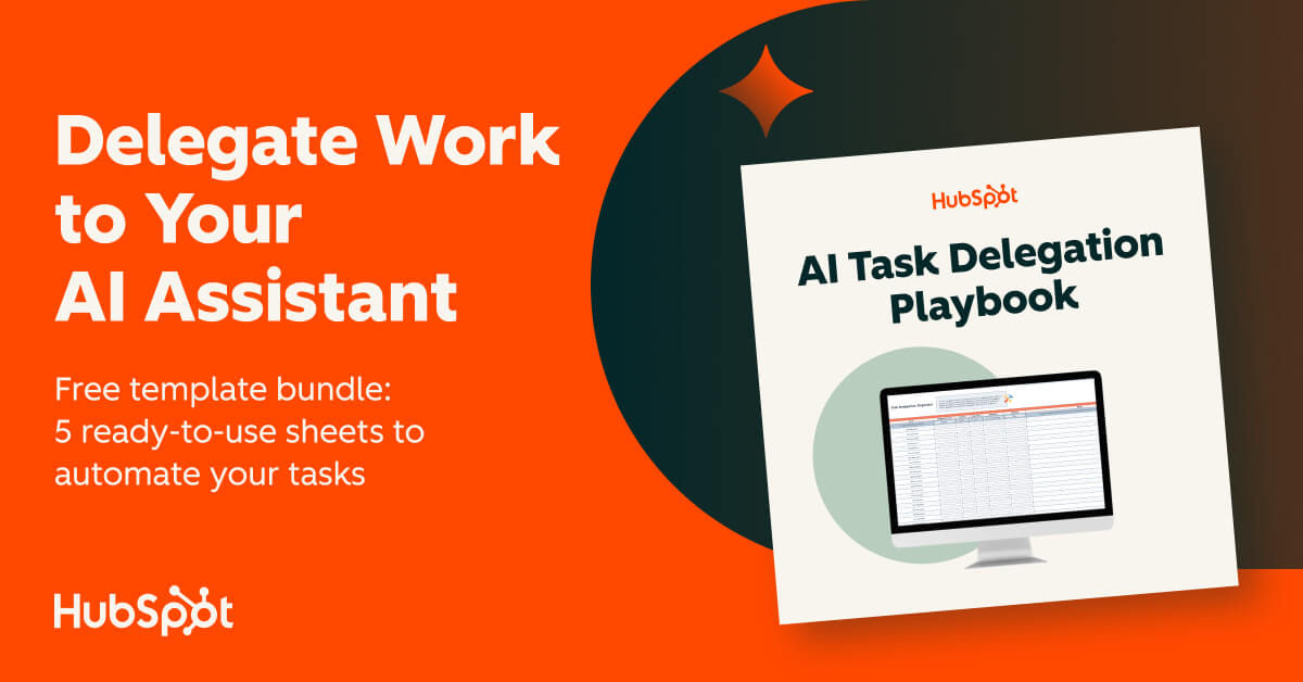 A bright orange promotional graphic advertises an AI task delegation resource. An illustrated workbook cover and computer monitor appear on the right, highlighting templates designed to help automate tasks.