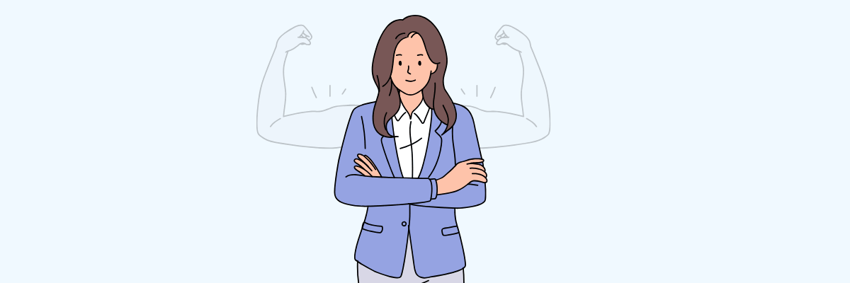 An illustration shows a confident woman standing with her arms crossed while faint flexed muscles appear behind her. The image symbolizes self-confidence, resilience, and inner strength.