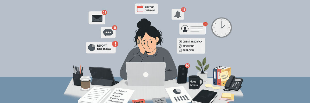 An illustration shows an overwhelmed person sitting at a desk surrounded by notifications, deadlines, messages, and work tasks. Various icons and alerts float around the workspace, emphasizing a busy workload.