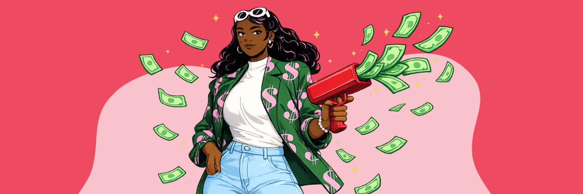 A stylish woman holds a money gun as dollar bills fly through the air around her. The illustration represents financial success, abundance, and confidence.