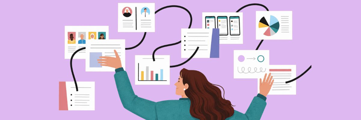 A woman organizes multiple documents, charts, and reports connected by looping lines around her. The illustration represents managing complex projects, workflows, and information all at once.
