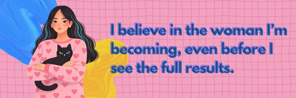 An illustration shows a woman with long dark hair holding a black cat while wearing pink pajamas decorated with heart patterns. A motivational quote appears beside her on a pink grid background with colorful abstract shapes behind her.
