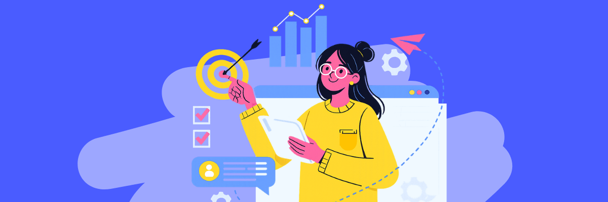 An illustration shows a woman holding a tablet while pointing toward a target with an arrow in the center. Charts, checklists, gears, and interface elements surround her against a blue background, emphasizing goals and productivity.