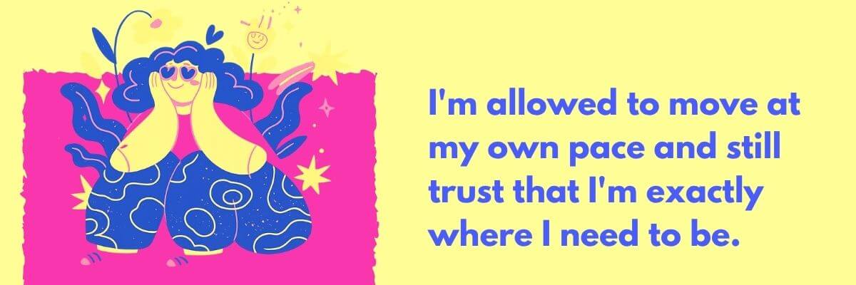 A colorful illustration shows a person with blue hair resting their face in their hands while surrounded by stars, hearts, and abstract shapes. A motivational quote appears on the right side against a pale yellow background.