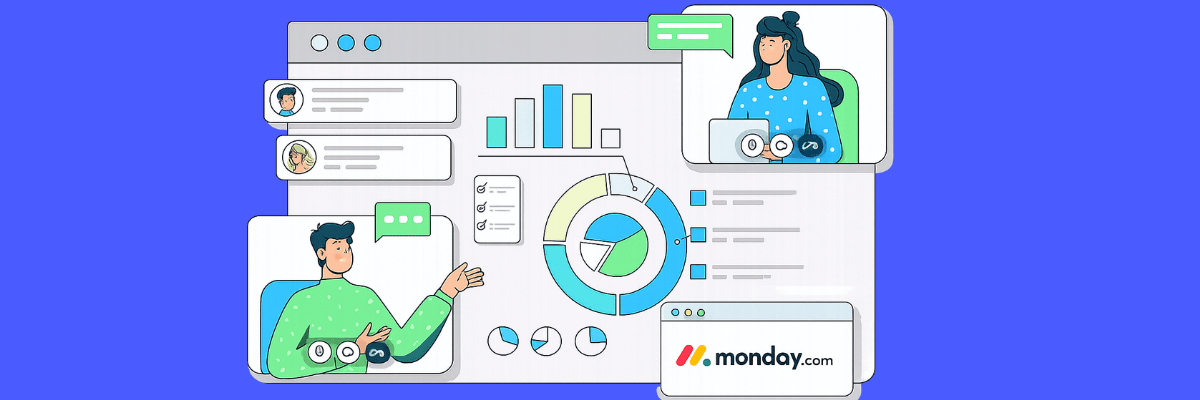 An illustration shows a virtual team meeting displayed on a project management dashboard with charts, graphs, task lists, and team member panels. Two people appear in video call windows discussing work, while the interface highlights collaboration, project tracking, and performance metrics with a blue gradient background.