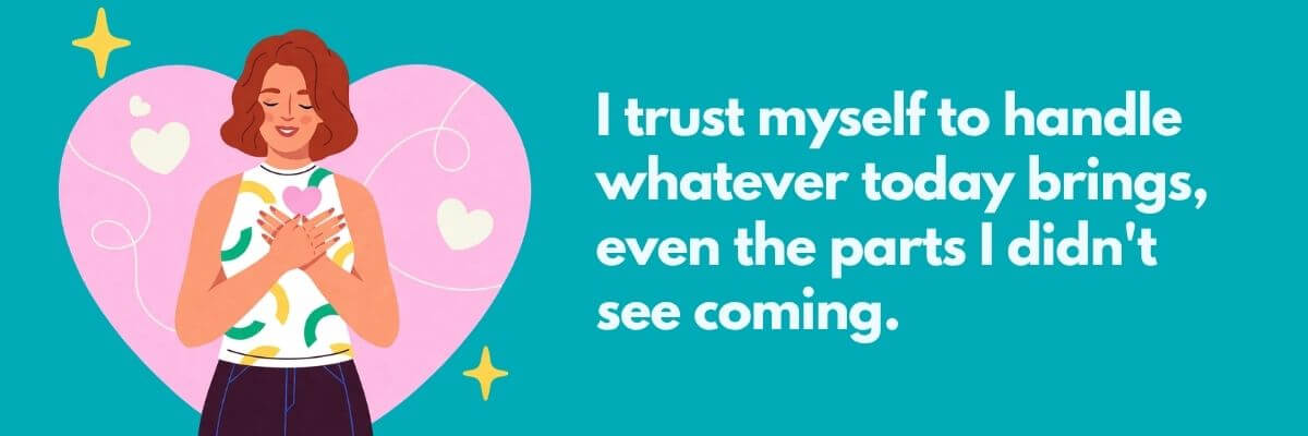 An illustration shows a woman with her hands over her chest standing in front of a large pink heart. A motivational affirmation is displayed on the right against a teal background with small decorative stars and heart shapes.