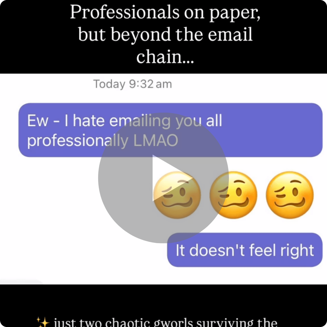 A video thumbnail displays a screenshot of a text message conversation about emailing coworkers professionally. Large text appears at the top of the image, while a play button overlays the center of the message exchange.