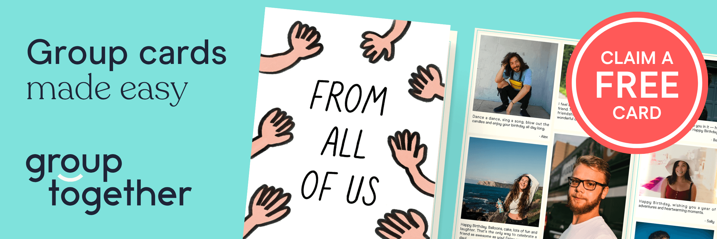 A promotional graphic showcases customizable group greeting cards featuring photos and messages from multiple people. The design highlights an easy way to create collaborative cards for celebrations and special occasions.
