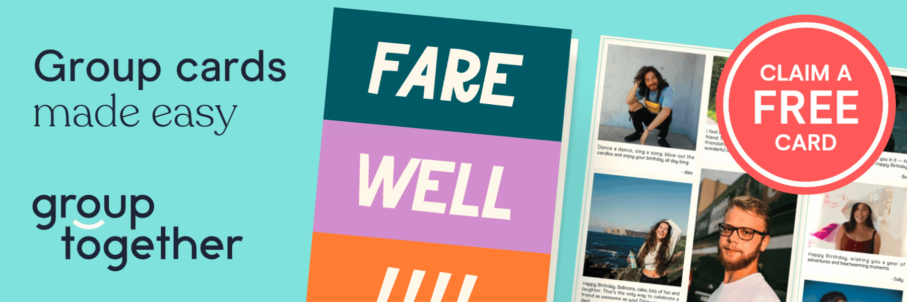 A promotional graphic features the words “Group cards made easy” beside illustrated greeting cards and photo card designs. A large circular badge advertises a free card offer against a teal background.
