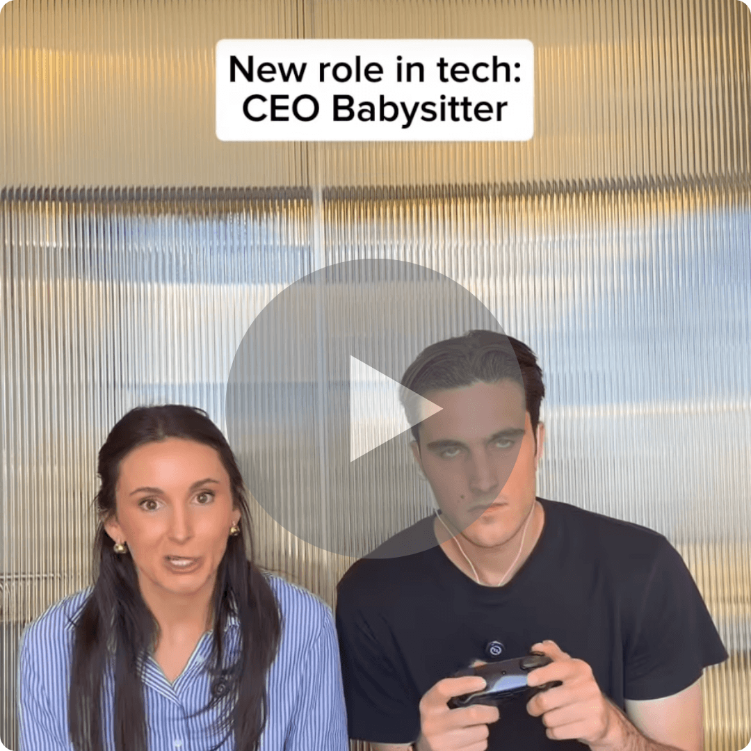 Two people sit in front of a camera as text introduces the idea of a “CEO babysitter” role in tech. One person holds a game controller while both appear engaged in a discussion or presentation.