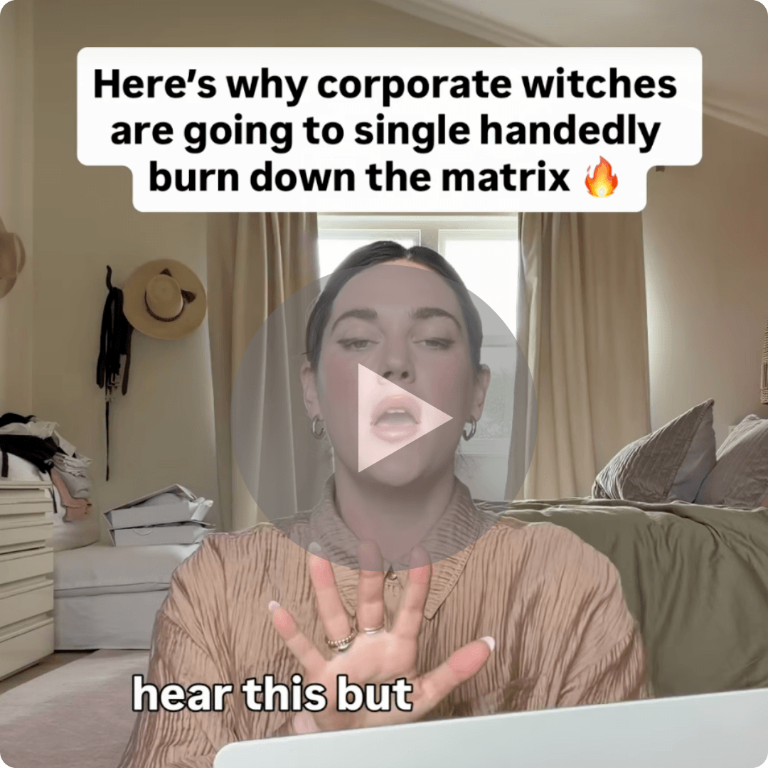 A woman speaks to the camera while seated in a bedroom with curtains, a bed, and a window behind her. Large text appears at the top and bottom of the video thumbnail, with a play button centered over the image.