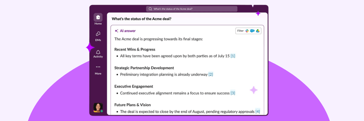 A screenshot-style illustration displays an AI-generated deal status summary inside a software interface. The screen includes navigation icons, progress updates, bullet points, and citation references on a light purple background.