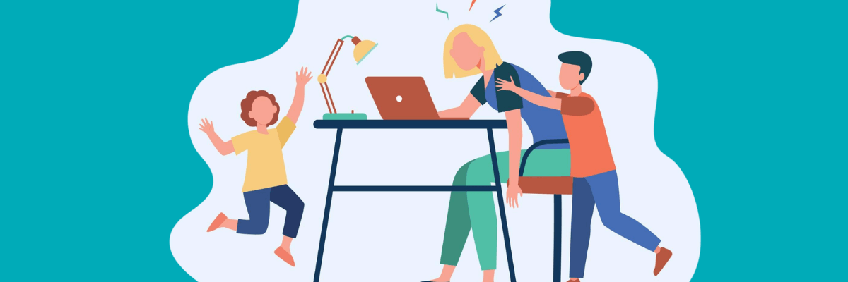 An illustration shows a woman slumped over her laptop while two children compete for her attention. The scene humorously reflects the challenges of juggling work and parenting responsibilities.