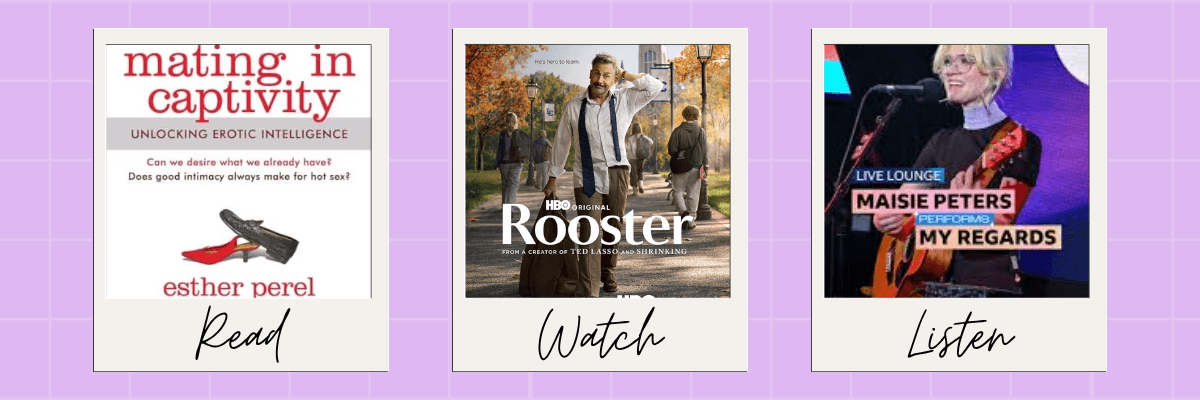 Three polaroid-style cards showcase a book recommendation, a TV series, and a live music performance. The cards are labeled Read, Watch, and Listen against a lavender grid background.