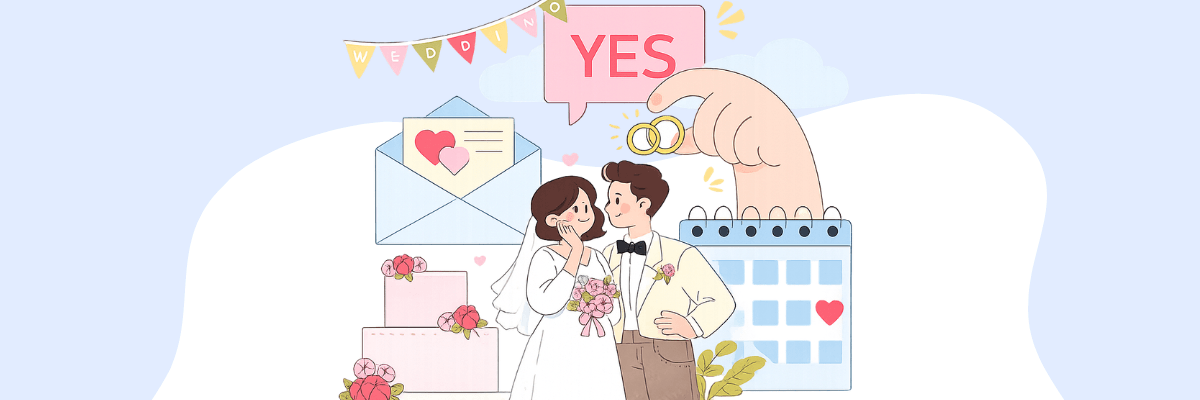 An illustration depicts a couple celebrating their engagement or wedding with flowers, rings, and a calendar in the background. Decorative elements emphasize love, commitment, and an upcoming special date.