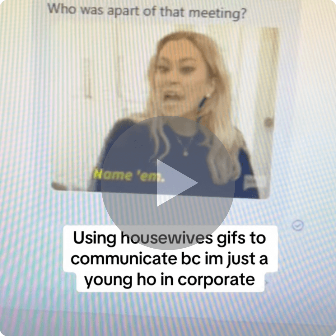A screenshot of a video call shows a blonde woman speaking on a computer screen. Text message bubbles and video captions appear over the image, with the meeting visible in the background.