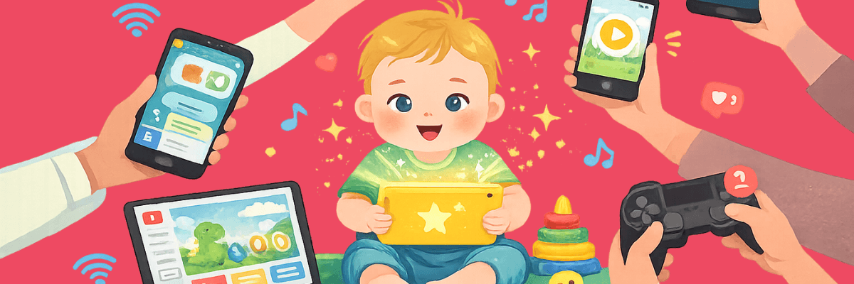 A smiling child sits on the floor holding a glowing yellow tablet while surrounded by colorful digital devices, including smartphones, a gaming controller, and a tablet. Musical notes, notification icons, and sparkles float around the child against a bright pink background.