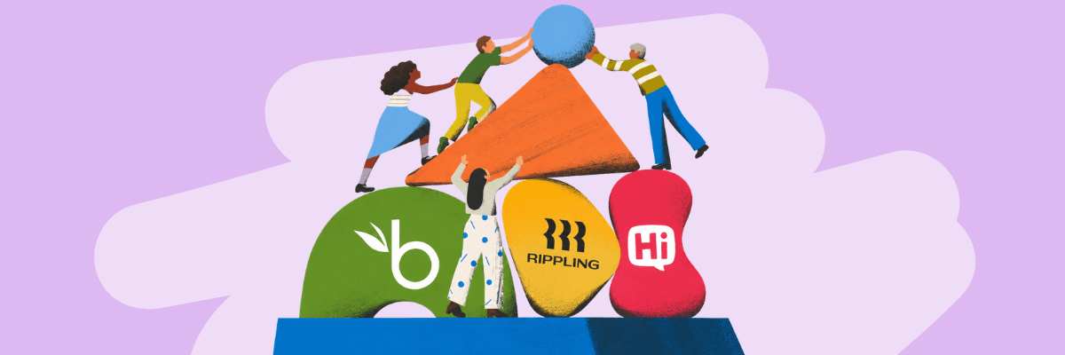 An illustration shows four people balancing a blue sphere on top of an orange pyramid-shaped block. Additional colorful shapes featuring company logos sit beneath them against a light purple background.
