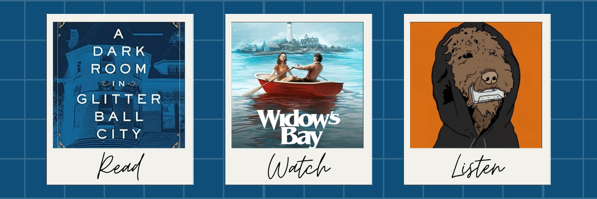 Three Polaroid-style frames are displayed side by side on a blue grid background. The frames feature a book cover, a television series poster, and album artwork, with handwritten labels beneath each image.