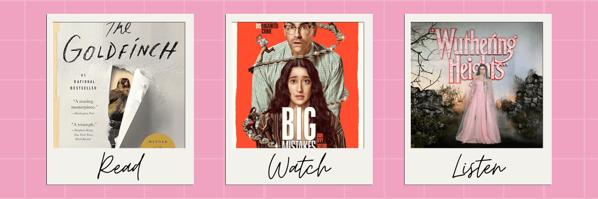 Three framed recommendations are displayed side by side on a pink grid background. The images feature a book cover, a television series poster, and an album cover, each labeled with “Read,” “Watch,” or “Listen.”