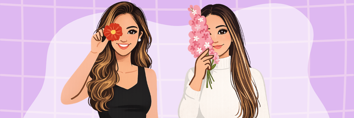 An illustration shows two women with long brown hair holding flowers in front of their faces. One holds a red flower while the other holds a bouquet of pink flowers against a lavender background.