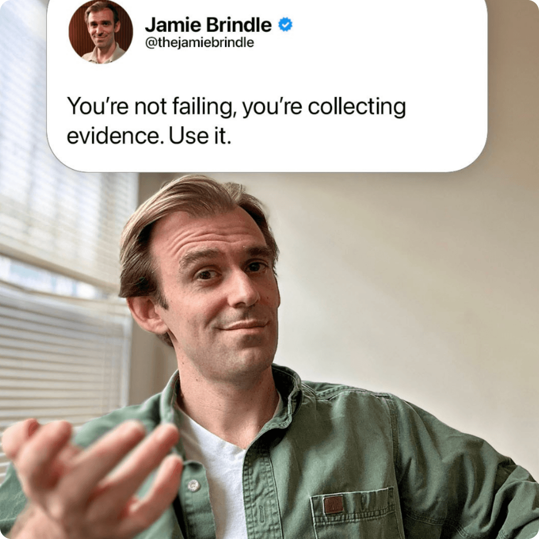 A man gestures with a knowing expression beneath a quote about learning from setbacks rather than fearing failure. The message encourages using experience as valuable feedback for growth.