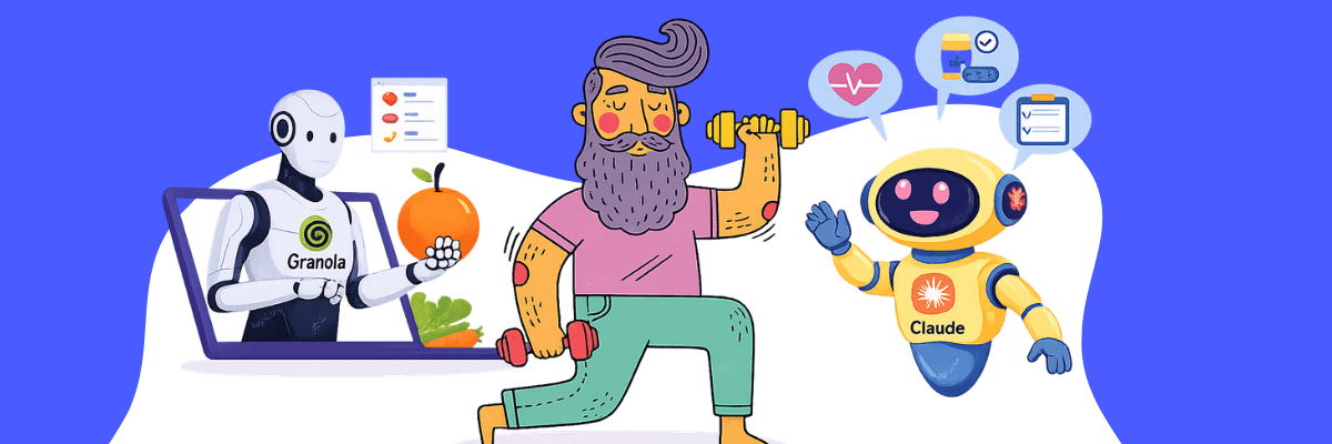 An illustrated man exercises while AI-powered assistants provide health, nutrition, and wellness guidance. The image represents using technology to support fitness and healthy habits.