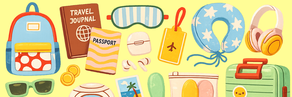 A colorful collection of travel essentials includes a backpack, passport, headphones, neck pillow, and luggage. The illustration highlights common items people pack for trips and vacations.