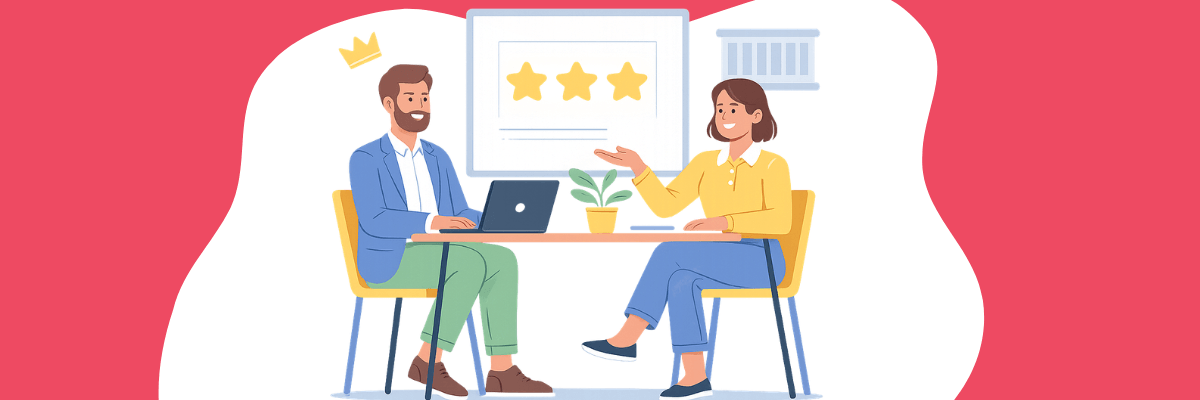 An illustration depicts a manager and employee having a positive one-on-one conversation across a desk. A three-star rating on the wall suggests a discussion about performance, feedback, or recognition.