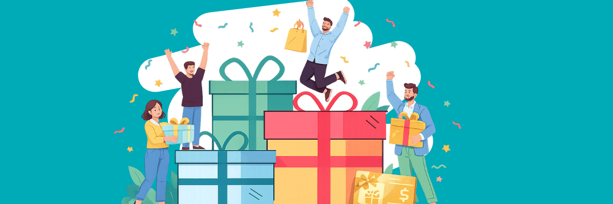 Several people celebrate around oversized gift boxes while holding presents and shopping bags. Confetti and raised arms add a festive atmosphere focused on rewards, appreciation, or giving.