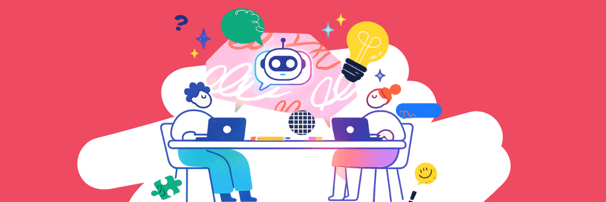 An illustration shows two people seated across from each other working on laptops at a table. Speech bubbles, a robot icon, a light bulb, and abstract doodles float above them against a pink background.