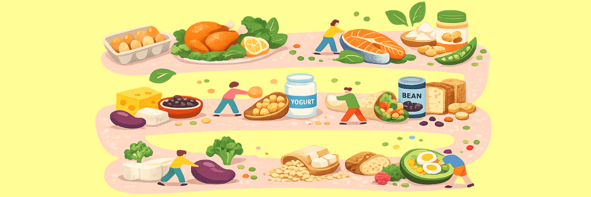 An illustrated pathway is lined with a variety of foods including eggs, fish, yogurt, beans, cheese, bread, vegetables, and nuts. Small figures walk among the foods on a pale yellow background, creating the appearance of a winding nutritional journey.