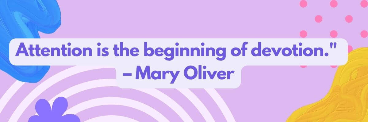 A quote by Mary Oliver appears in large purple text across a lavender background. Decorative abstract shapes, dots, and rainbow-like arches frame the quote.
