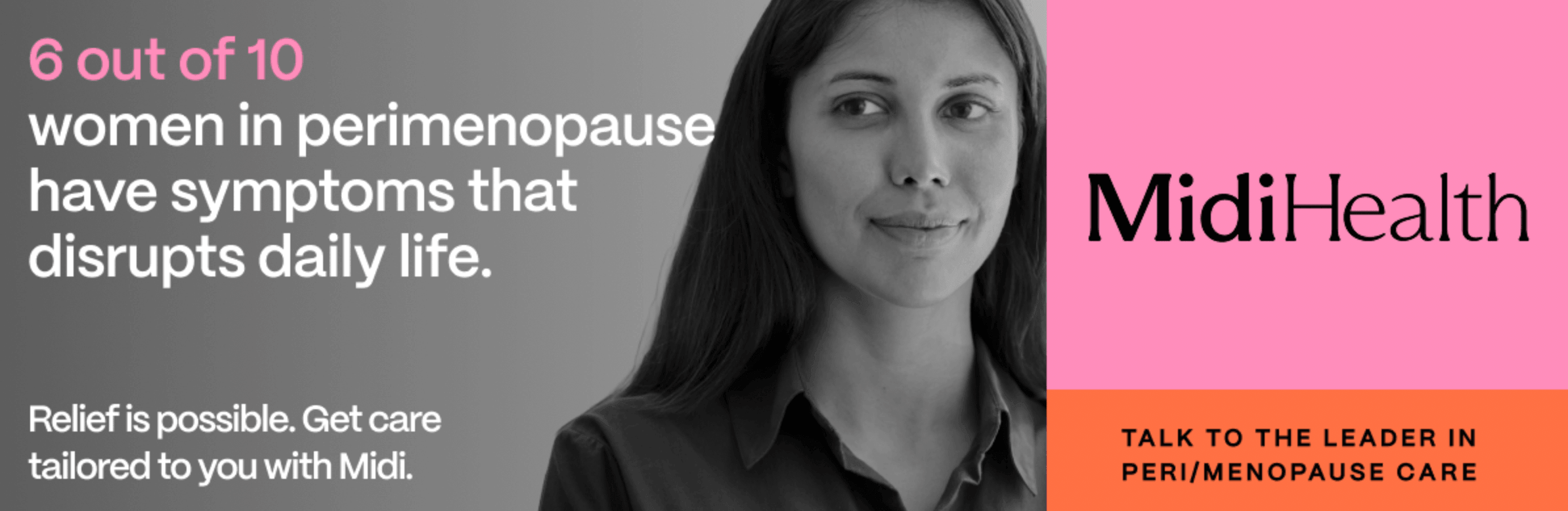 A woman looks confidently toward the camera beside text about perimenopause symptoms and support options. The ad promotes personalized care for women experiencing menopause-related challenges.