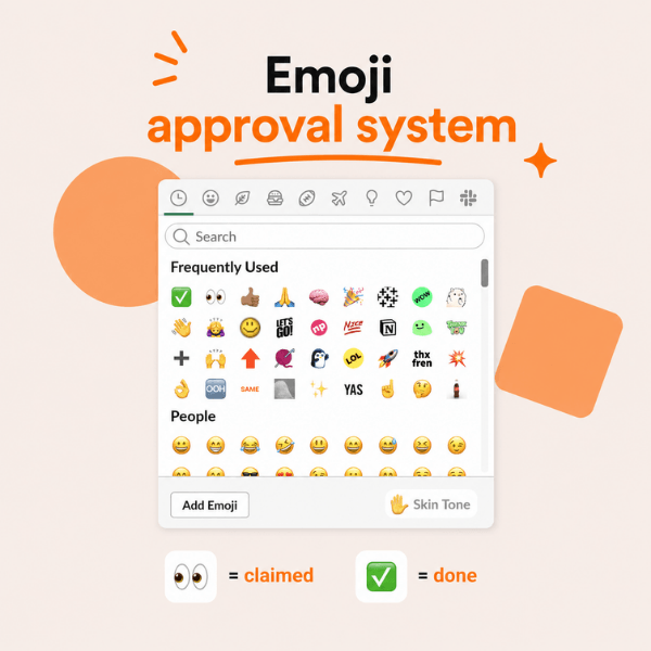 A graphic suggests using emoji reactions as a lightweight approval workflow, with 👀 representing "claimed" and meaning "done." A Slack emoji picker is shown in the center with commonly used reactions.
