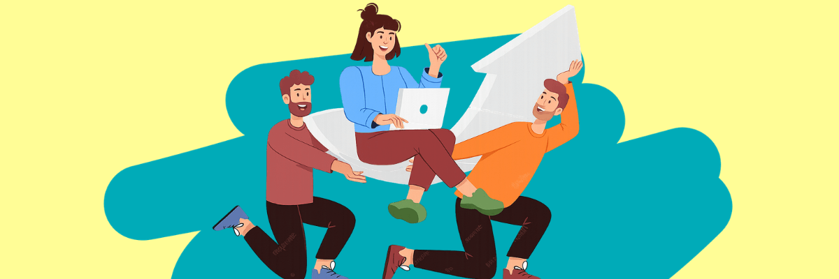 An illustration shows a smiling woman using a laptop while sitting on a large paper airplane held up by two coworkers. The colorful scene features a yellow background with a teal abstract shape behind the three people.