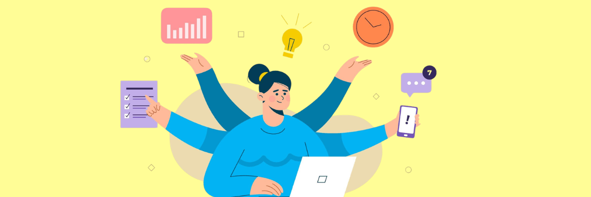 An illustration shows a person with four arms multitasking at a desk while using a laptop, checking a phone, holding a checklist, and gesturing toward floating icons for productivity, time, ideas, and notifications. The yellow background emphasizes a busy work environment.