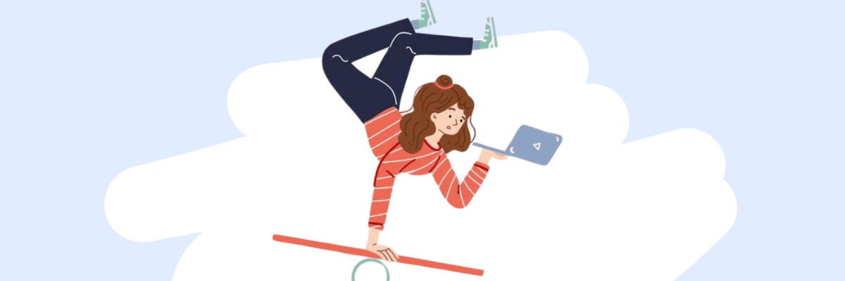 An illustration shows a woman balancing upside down on one hand while looking at a tablet. She wears a red striped shirt and dark pants against a pale blue and white abstract background.