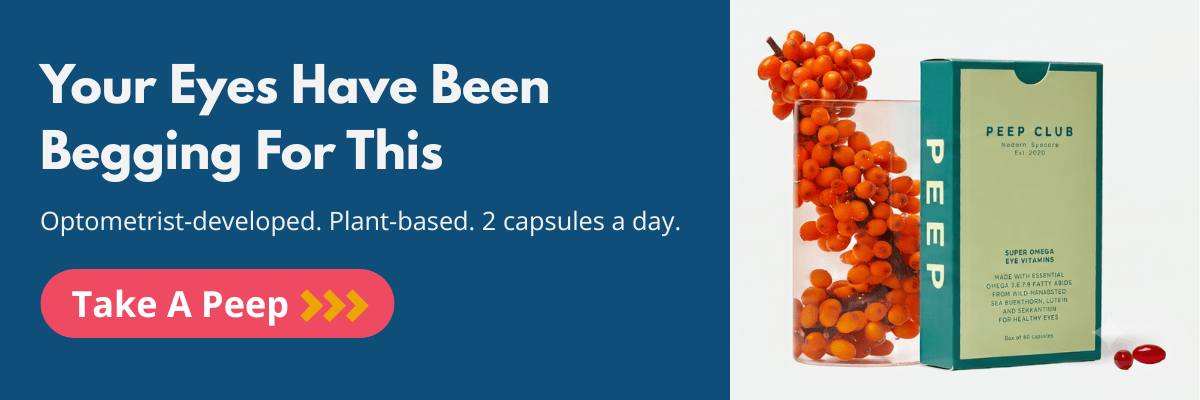 An advertisement for Peep Club eye vitamins features the headline, "Your Eyes Have Been Begging For This," alongside a green supplement box and bright orange sea buckthorn berries. The ad highlights an optometrist-developed, plant-based formula taken as two capsules a day and includes a pink "Take A Peep" button.