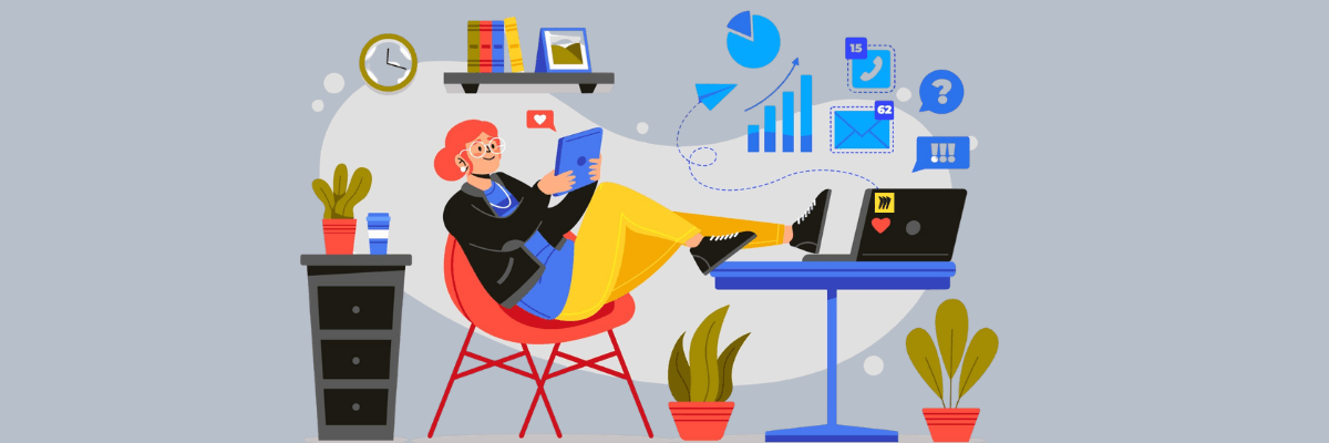 An illustration shows a woman relaxing in a chair while using a tablet beside a desk with a laptop. Charts, messages, graphs, books, plants, and office items float around her, suggesting productivity and digital work.