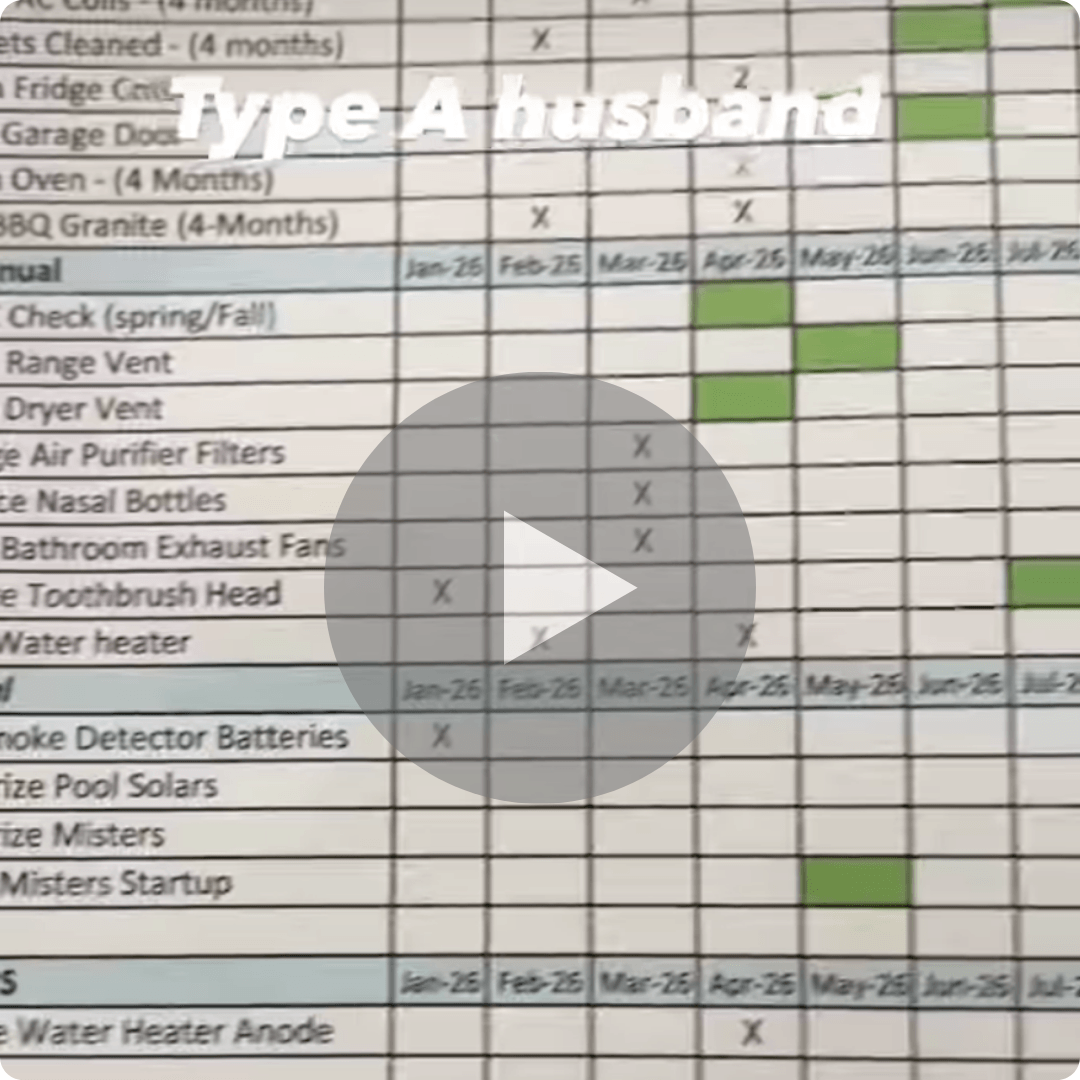 A video thumbnail displays a detailed home maintenance spreadsheet with tasks organized by month and highlighted in green. Large text across the top reads, "Type A husband," with a play button centered over the spreadsheet.