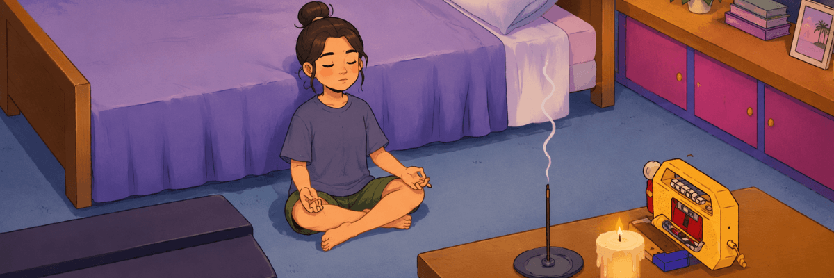 An illustration shows a person sitting cross-legged on the bedroom floor with their eyes closed, meditating beside a lit candle and a burning incense stick. A small yellow radio sits on the table nearby, while the room features a neatly made bed, books, framed photos, and soft purple and blue tones that create a calm atmosphere.