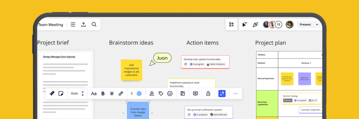 A screenshot of a collaborative digital whiteboard displays sections for a project brief, brainstorming ideas, action items, and a project plan. Sticky notes, task cards, formatting tools, and collaborator icons are visible across the workspace.