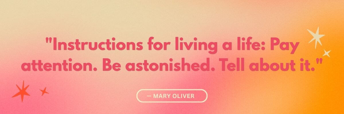 A colorful quote graphic displays the message, "Instructions for living a life: Pay attention. Be astonished. Tell about it." The quote is attributed to Mary Oliver and appears on a pink-to-orange gradient background with decorative stars.