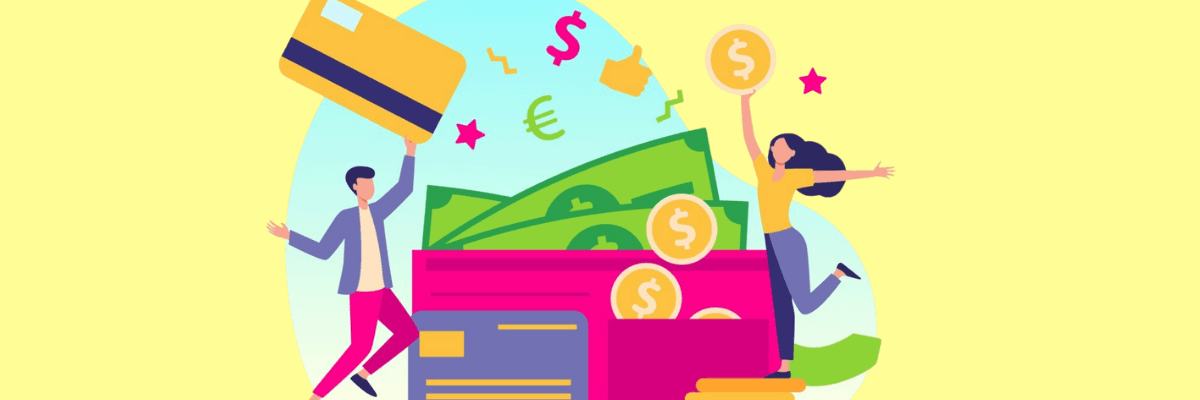 An illustration shows a large open wallet filled with cash, coins, and credit cards while two people celebrate beside it. Currency symbols, dollar coins, and financial icons float around the scene against a light yellow background.
