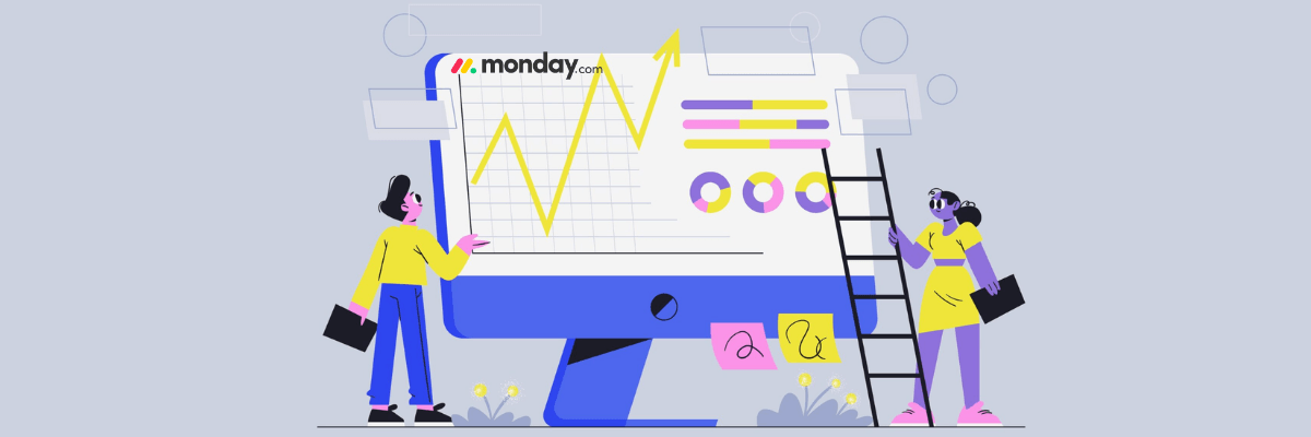 An illustration shows two people standing beside a large computer monitor displaying charts, graphs, and an upward-trending line. One person gestures toward the screen while the other stands on a ladder reviewing the dashboard, with the monday.com logo at the top.