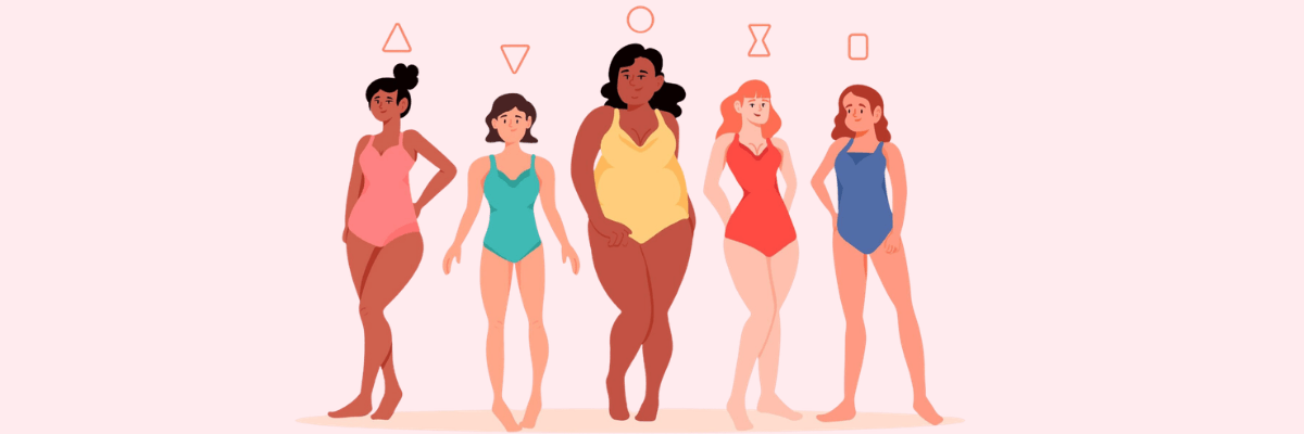 An illustration features five women with different body shapes, skin tones, and hairstyles standing side by side in colorful one-piece swimsuits. Simple geometric symbols float above each person against a light pink background.